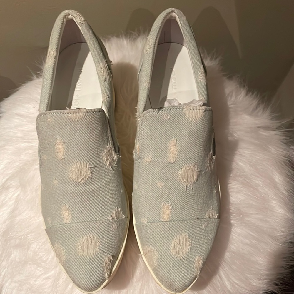 Kendall+Kylie distressed light denim wedges